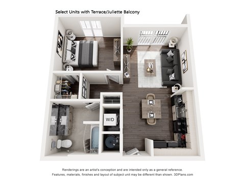 Floor plan for 1 bed, 1 bath, 677 sqft